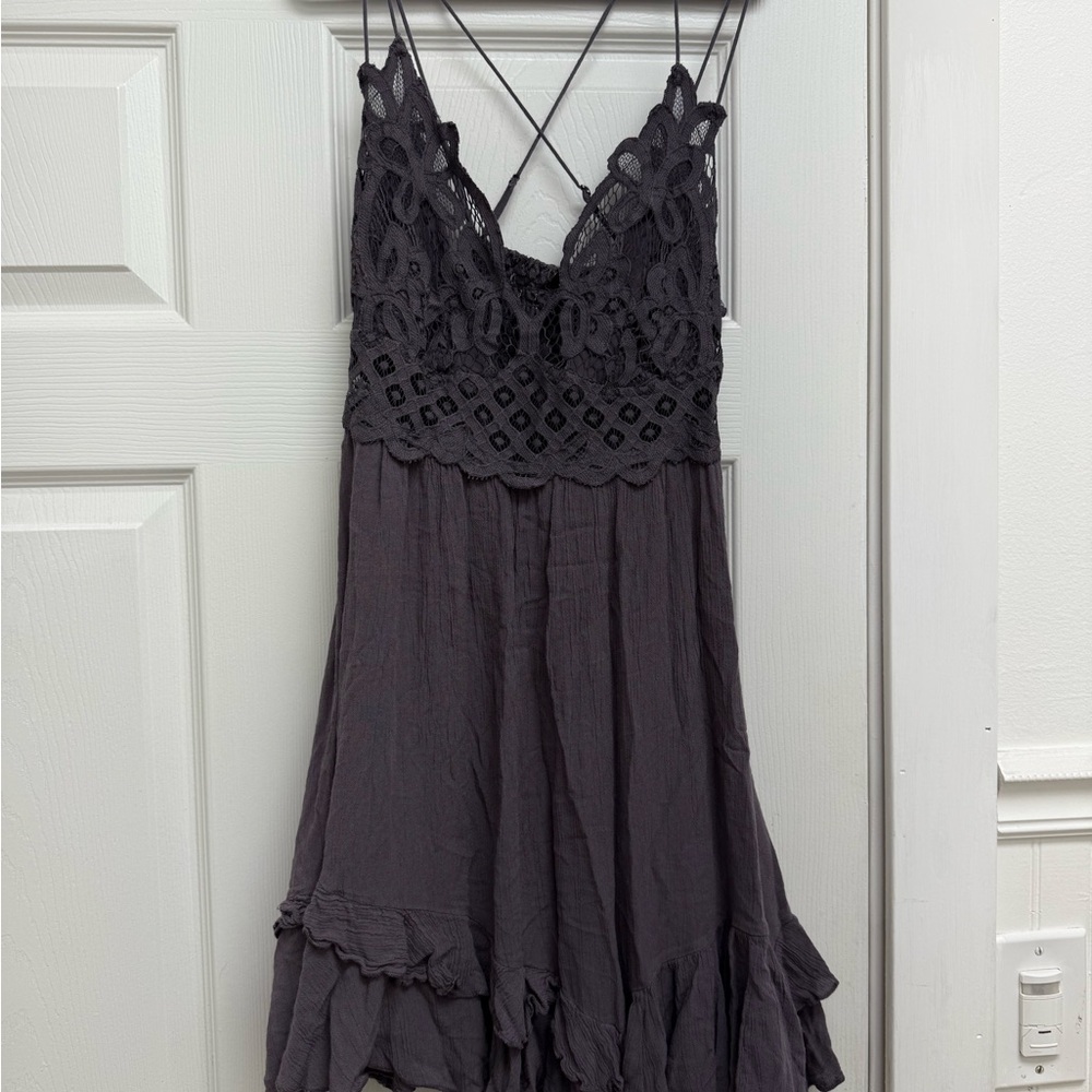 Free People Lace Mini Dress in Dark Gray